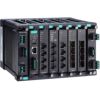 Layer 3 full Gigabit modular managed Ethernet switch with 4 fixed Gigabit ports, 4 slots for optional 4-port GE/FE modules, 2 slots for isolated power modules, up to 20 Gigabit ports, -40 to 75°C operating temperatureMOXA
