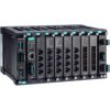 Layer 3 full Gigabit modular managed Ethernet switch with 4 fixed Gigabit ports, 6 slots for optional 4-port GE/FE modules, 2 slots for isolated power modules, up to 28 Gigabit ports, -40 to 75°Coperating temperatureMOXA